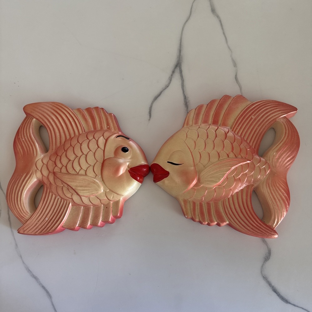 Vintage Miller Studio 1970's Orange Kissing Fish Chalkware Wall Plaques Set Of 2